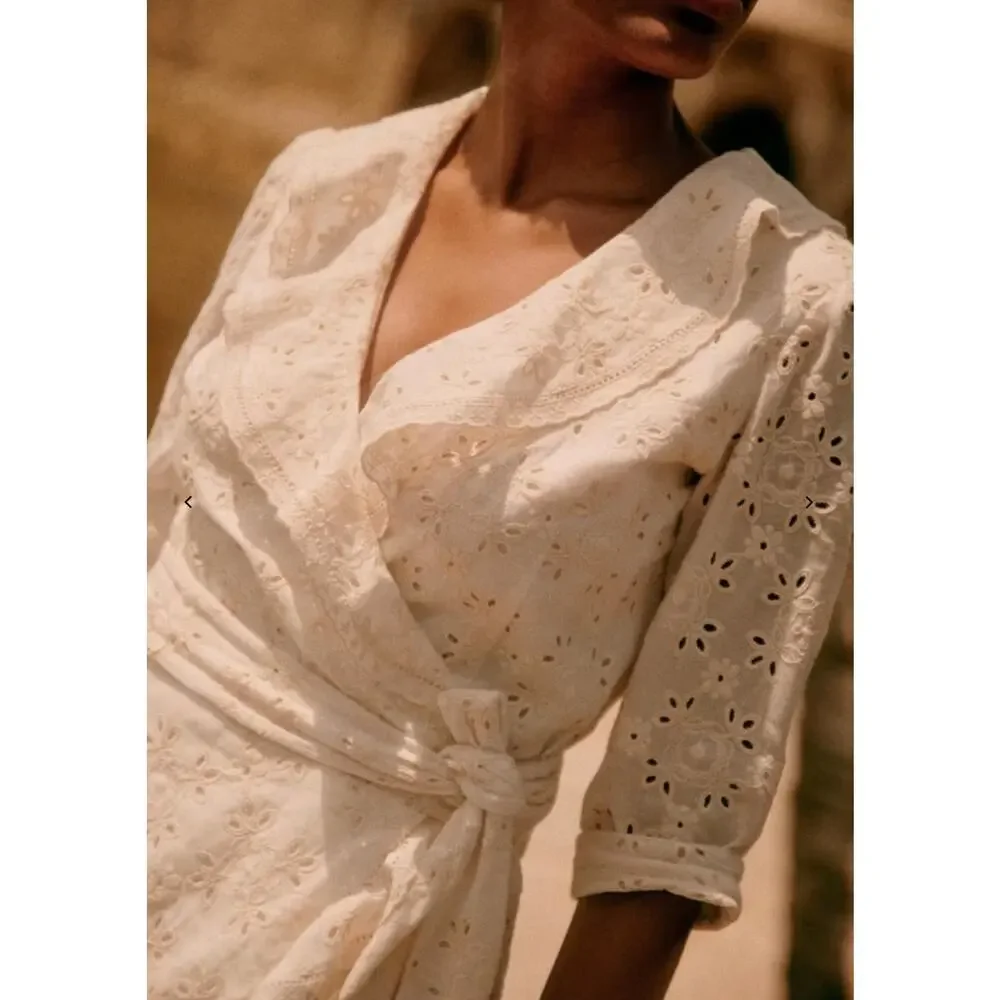 Sezane Robe Asianne Eyelet Mini Wrap Dress Womens Size 2 Ecru Cream New Flawed
